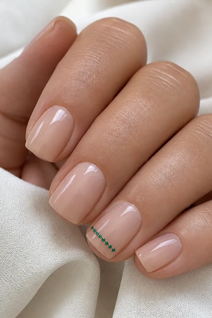 Short square nails in sheer nude; along the tip on one accent nail there is a thin line of tiny emerald studs in a straight row; glossy top coat.