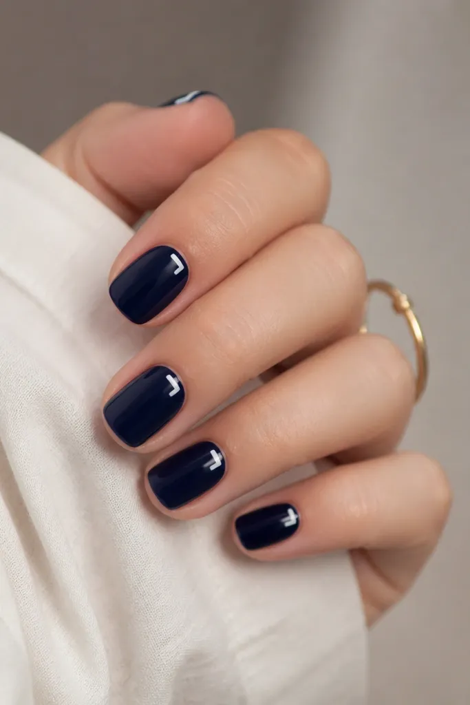 Short square nails painted deep navy glossy; on each nail there is a tiny white corner mark at the upper tip edge, like a small diagonal accent.