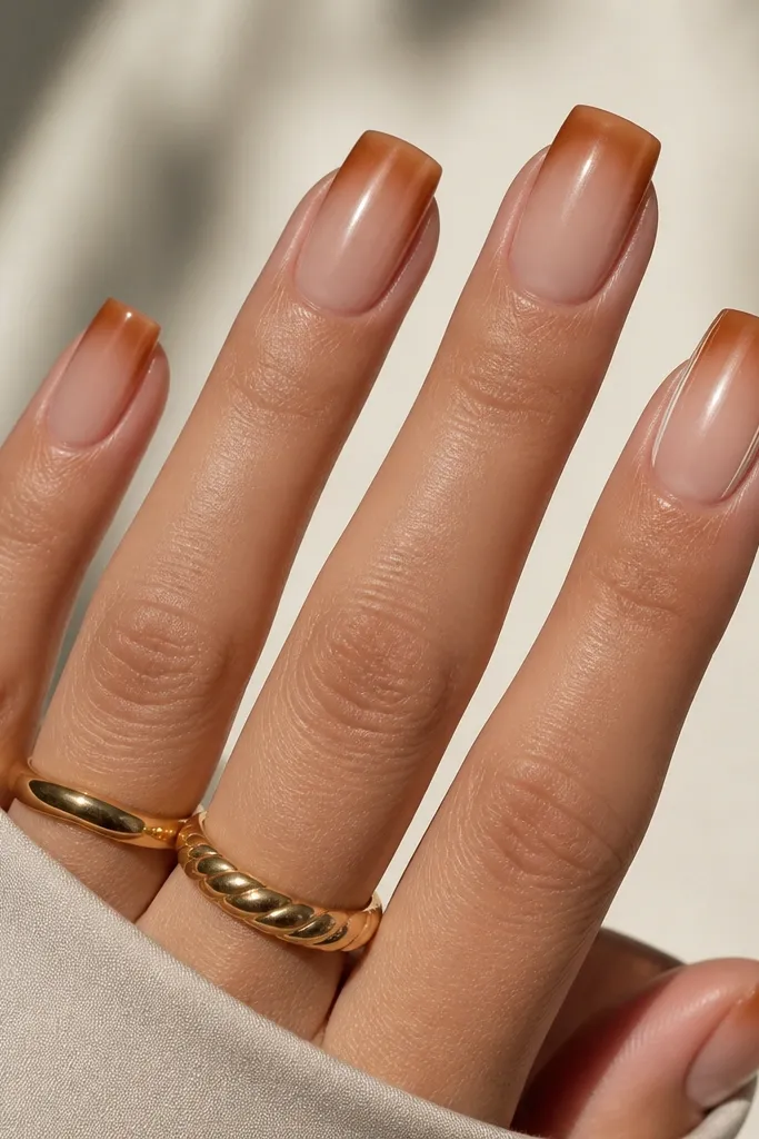 Square nails with a satin sheen. The base is sheer pink-beige, then each nail fades from warm caramel at the tip down into the nude. Thin white micro-lines sit along the sidewalls on the ring finger only, and the cuticle area stays clean and glossy.