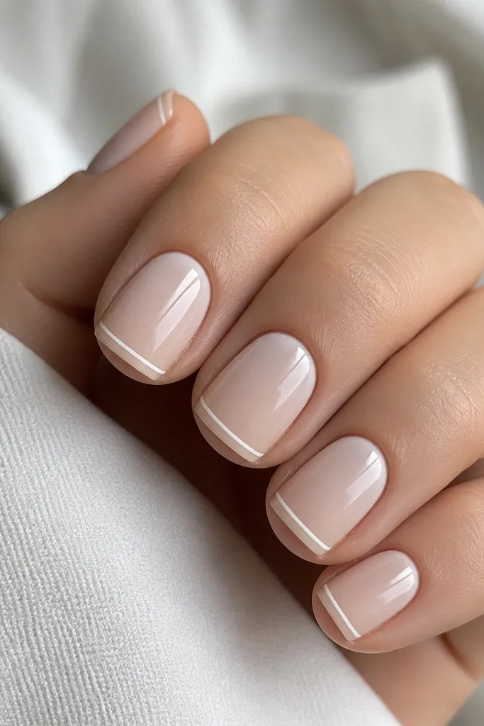 Close-up of short square nails painted a milky nude on the whole nail. The tips have a thin micro French line in clean white, with a narrow gap between the nude and the white. The corners look crisp and the top coat is glossy with bright light reflections.