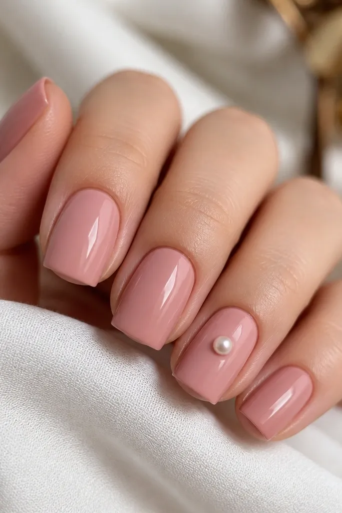 Five square nails in a soft blush rose color, glossy finish. On the ring finger, there is a single small pearl dot placed near the center of the nail, with a tiny reflective shine. The other nails are plain and smooth, with crisp square corners.