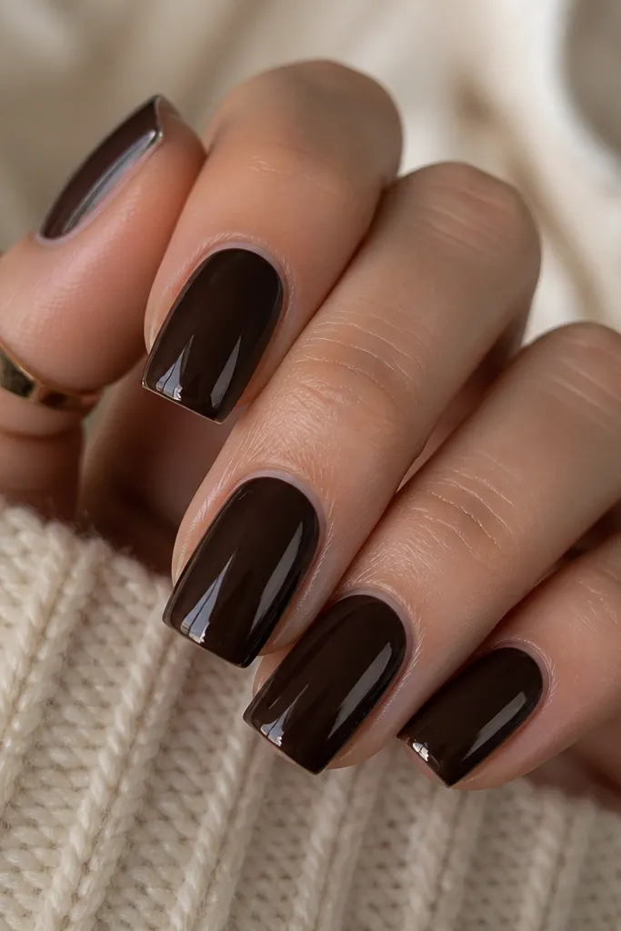 Square nails painted a deep espresso brown. The very tips have a clear glossy cap that looks like a glassy layer, creating a subtle highlight strip at the free edge. The overall look is glossy and smooth with sharp square corners.