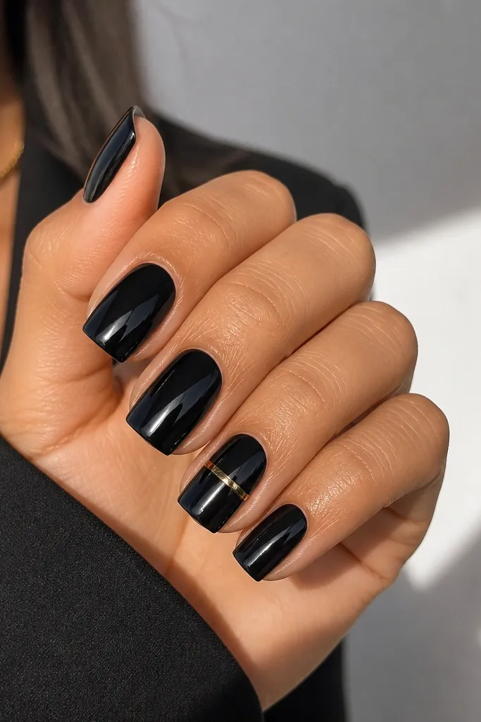 Glossy black square nails. On the ring finger, there is a thin gold ring line that curves around the nail near the middle, like a bracelet. Other nails are solid black with mirror shine and sharp corners.