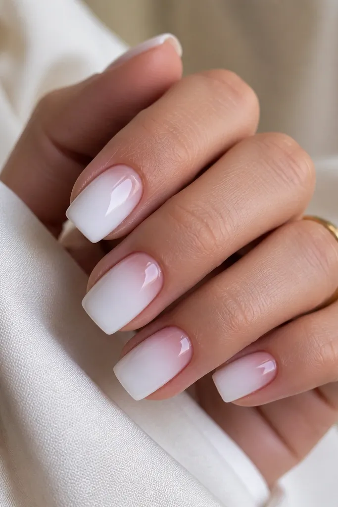 Creamy opaque white square nails. At the cuticle area, there's a sheer pink halo that fades outward like a soft gradient, with the rest of the nail fully white. The finish is glossy and the halo edge is smooth.