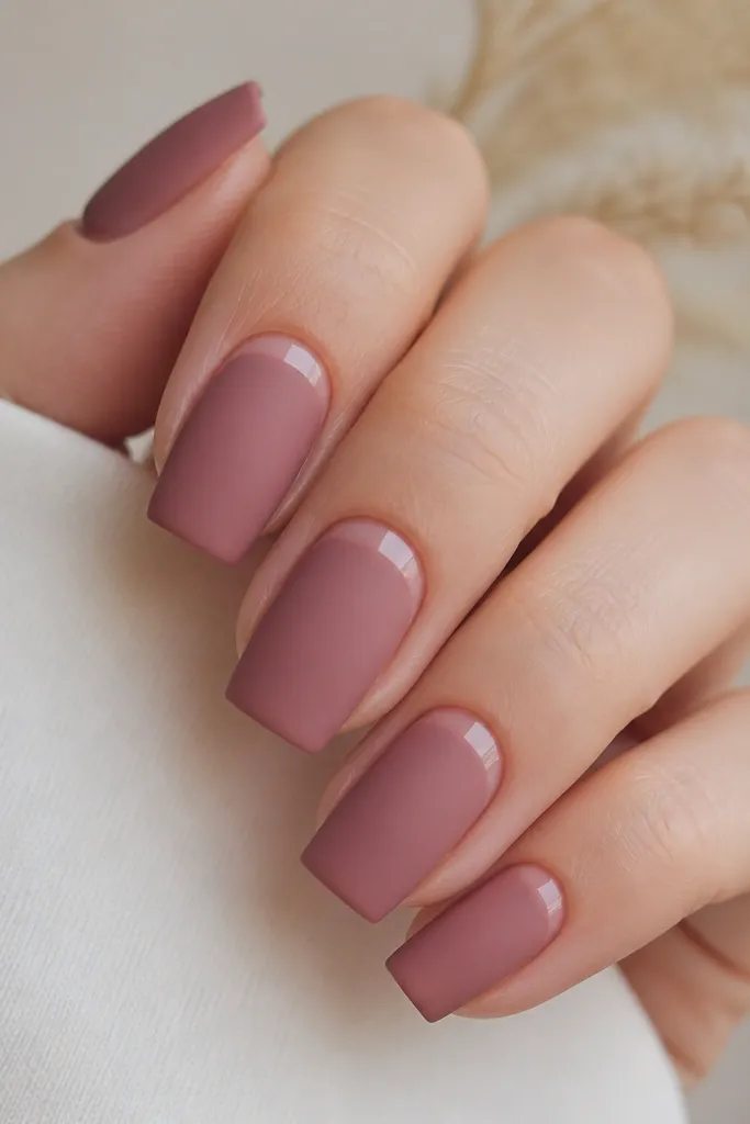 Square nails in a rose mauve color with a matte finish. The cuticle line on each nail has a glossy clear or pale pink accent that looks like a thin shine band. The rest of the nail remains matte with a soft, velvety look.