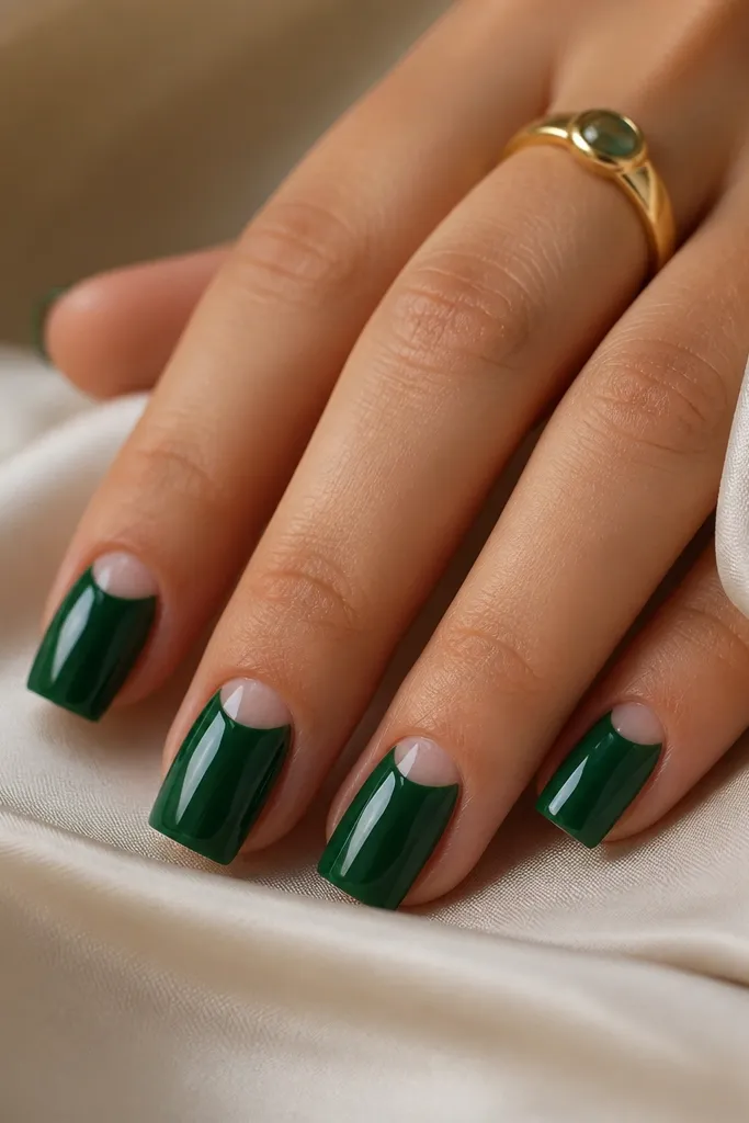 Jewel green emerald square nails in glossy finish. The cuticle area has a clear negative space half-moon, leaving the natural nail visible in a curved shape. The emerald color fills the rest smoothly to the sides.