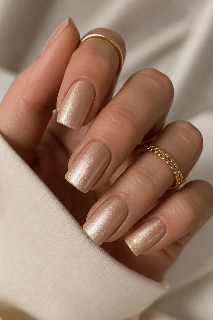 Square nails with a satin champagne sheen, not fully glittery. Each nail has a thin nude outline running along the sides and slightly around the perimeter, creating a frame effect. The finish is soft and smooth with a muted glow.