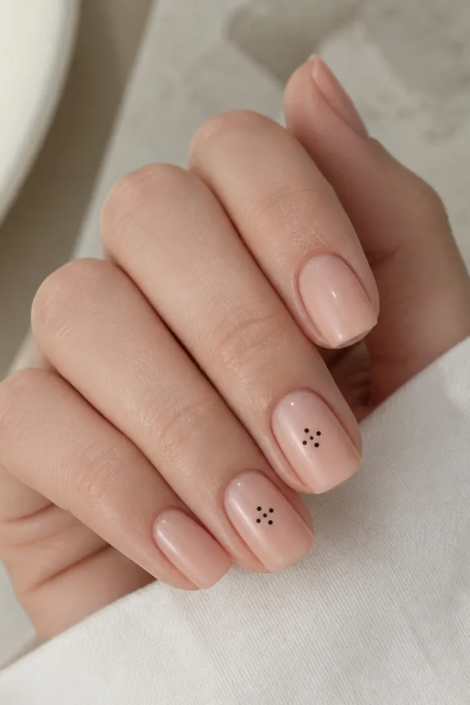 Nude pink square nails, glossy and clean. On one or two nails, there's a tiny cluster of three to four small black dots placed near the center of the nail. The dots are evenly spaced and the rest of the nails are plain.