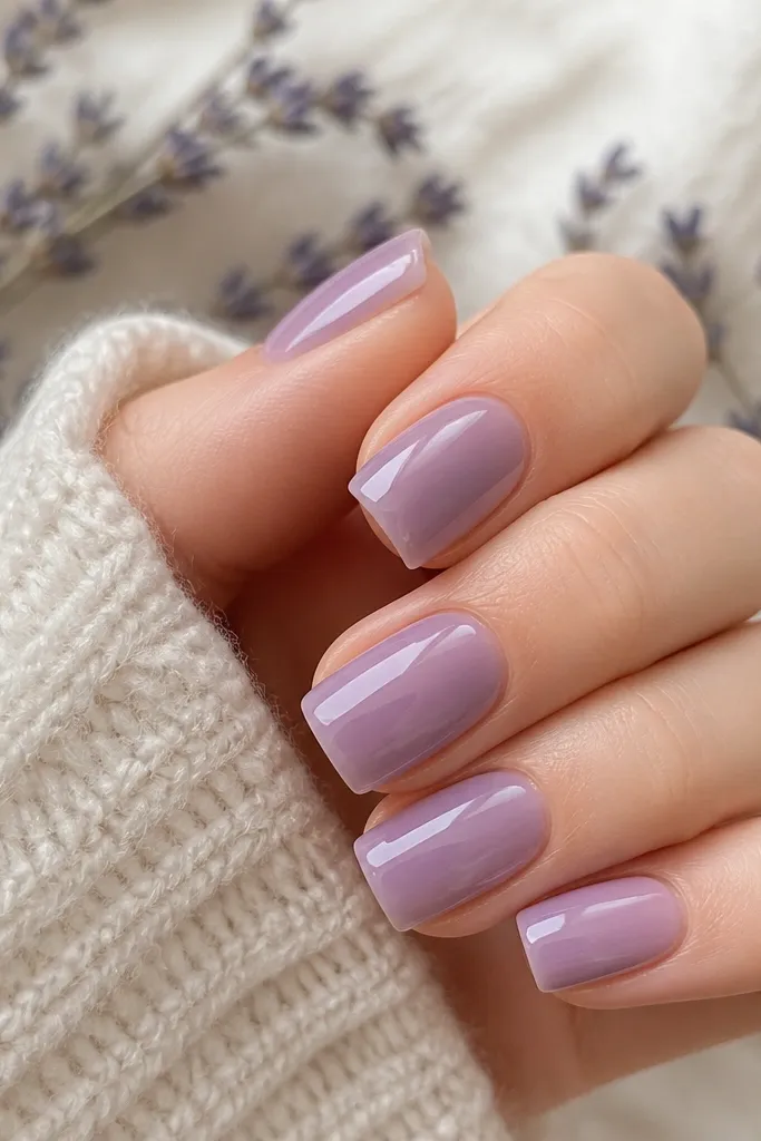 Lavender square nails with a glossy, glazed look. The color looks like it's under a clear jelly layer, creating a smooth depth effect. Light reflections look rounded and glossy, with clean square corners.