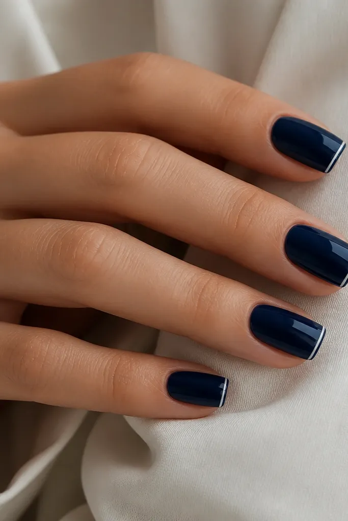 Deep navy square nails, glossy finish. A single fine silver micro-line runs along the tip edge, like a hair-thin stripe. The line follows the square shape precisely and the rest of the nail is solid navy.