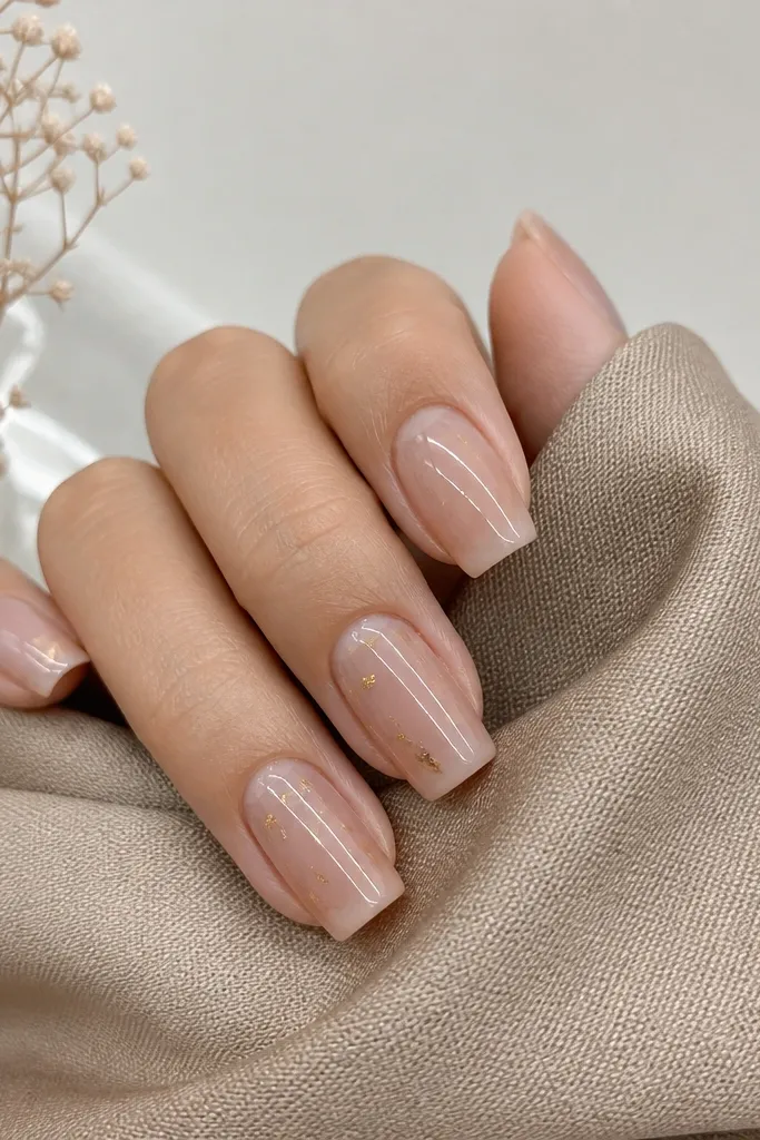 Sheer nude jelly square nails with a glossy, glassy finish. The nail looks semi-transparent, showing a natural nude glow. On the accent nails, there are tiny gold foil specks scattered sparsely, like dust, with no chunky glitter.