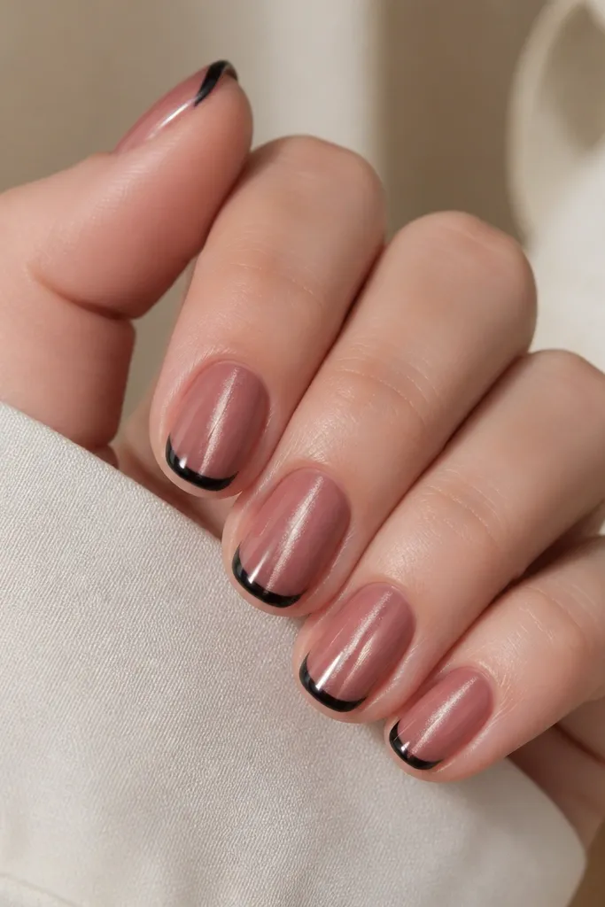 Short, rounded nails with a sheer pink base. The French tip is a thin arc in glossy midnight black. A magnetic cat eye stripe glows vertically from near the center toward the tip, with a sharp reflective line.