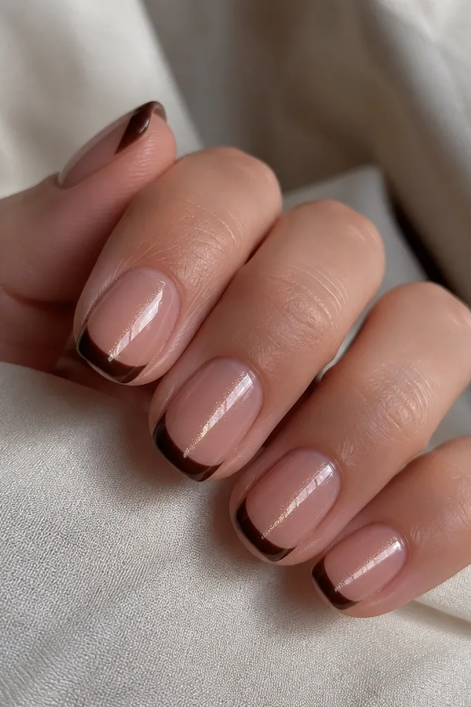 Short squoval nails with a glossy translucent base. French tips are a curved deep espresso brown. Each nail has a vertical cat eye shimmer line that shifts from bronze to dark brown as it catches light.