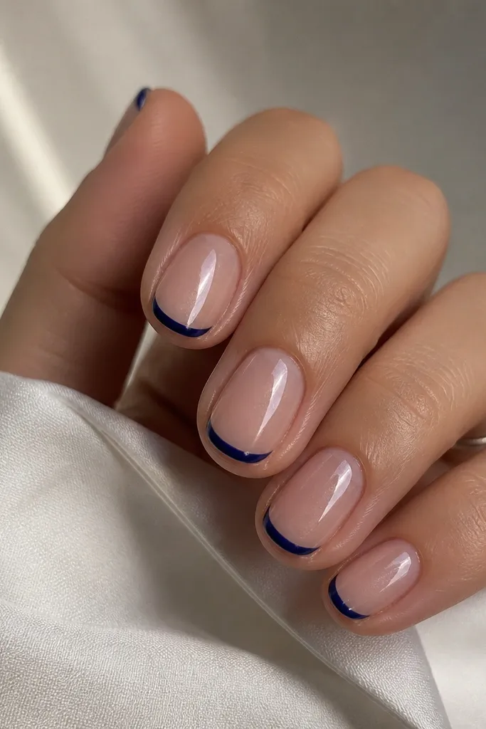 Short oval nails with a sheer nude base. French tips are glossy royal navy, very thin and centered. The cat eye stripe is cool-toned and reflects a faint teal line when the hand moves.