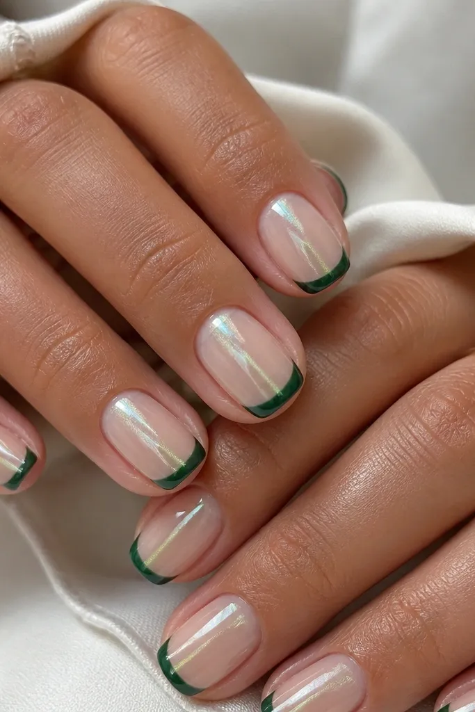 Short squoval nails on a milky sheer base. French tips are emerald green with a glossy finish. A vertical green cat eye line reflects gold undertones, centered on each nail.