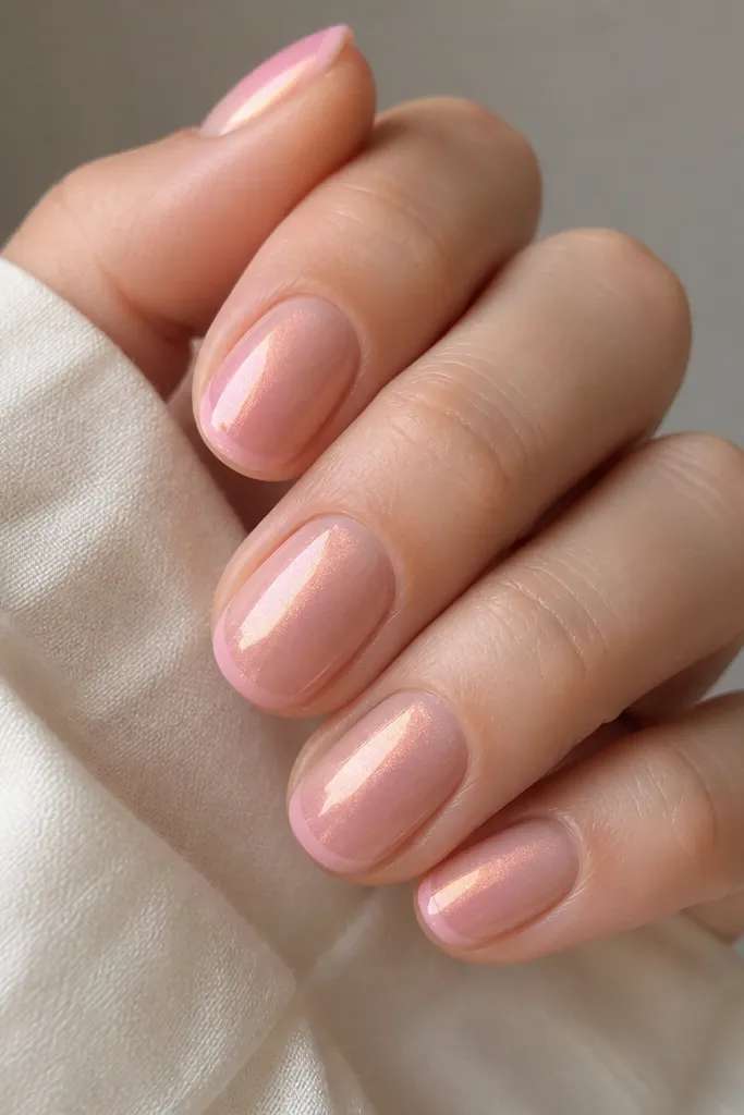 Short rounded nails with a soft pink sheer base. French tips are a pale rosy pink arc. The cat eye shimmer is subtle, with a faint pink-to-peach vertical glow through the center.