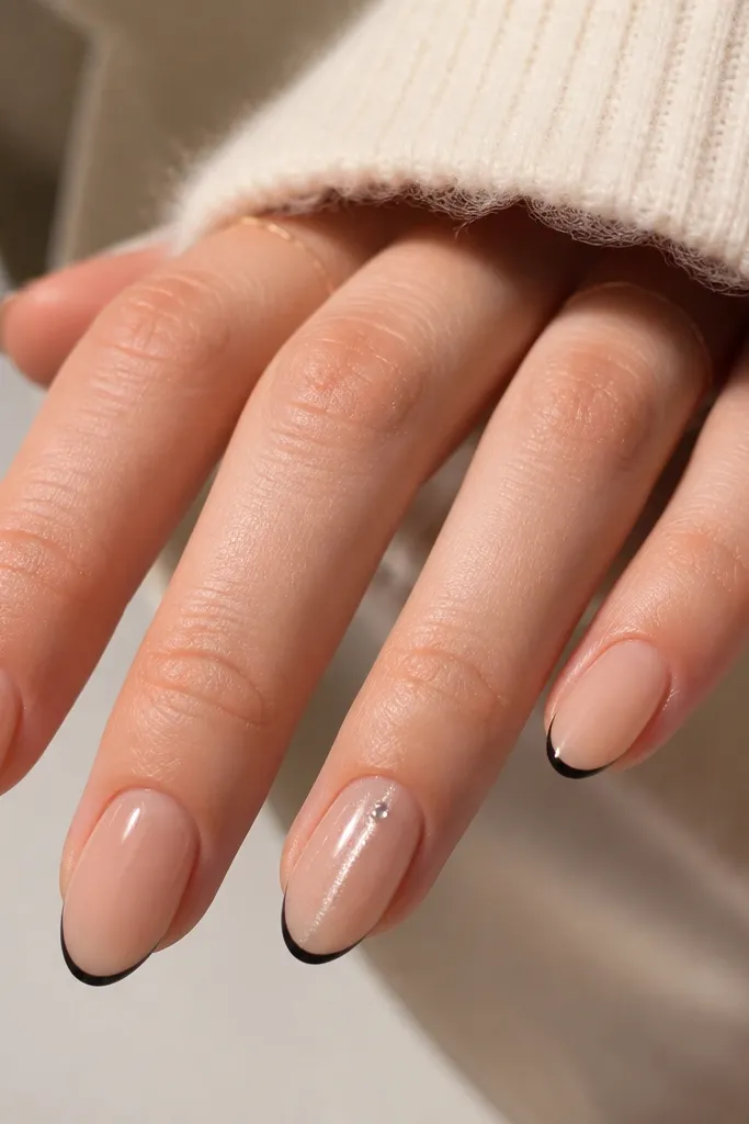 Short almond nails with a sheer nude base. Thin black French tips arc across the free edge. On one nail, there's a single tiny silver dot near the cat eye stripe, and the cat eye glow runs vertically.
