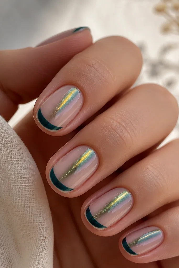 Short oval nails with a sheer base. Instead of a classic French arc, the teal tip is a reverse smile line - a thin curve that sits slightly inward. A teal cat eye stripe runs vertically and reflects gold-green highlights.