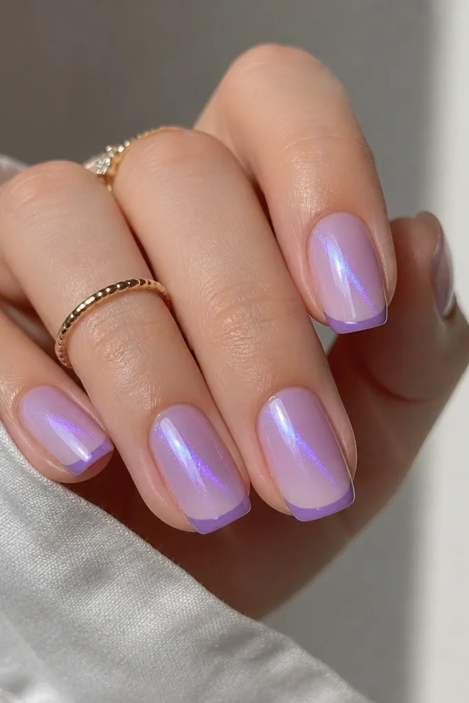 Short squoval nails with a sheer lilac-tinged base. French tips are a micro purple curve. The cat eye stripe is amethyst purple with a slight cool shimmer that shifts toward blue.