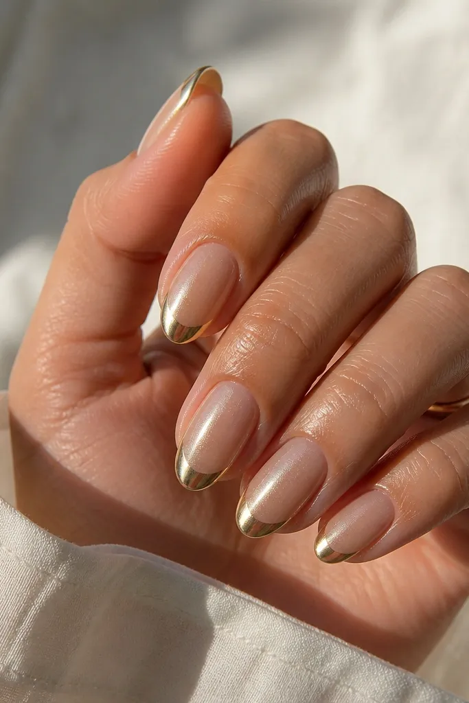 Short almond nails with a nude-beige sheer base. French tips are glossy champagne gold. The cat eye effect shows as a warm vertical stripe that glints like foil under movement.