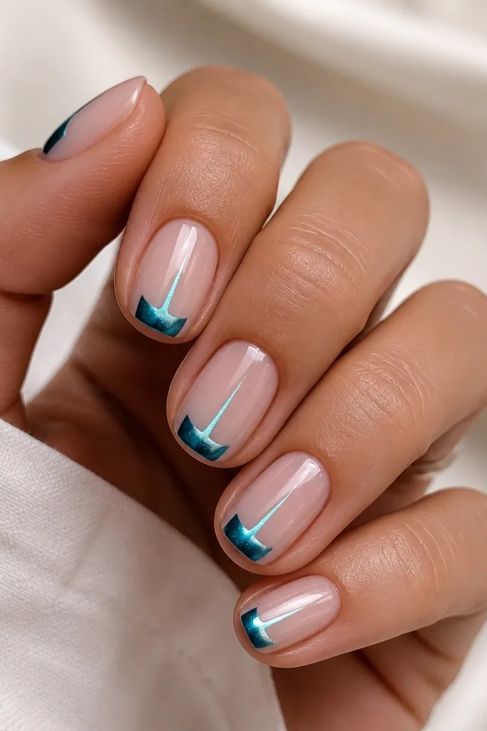 Short squoval nails with a sheer nude base. French tips are deep teal but only in the center, leaving thin negative-space slivers at both sides. A vertical teal cat eye glow runs through the middle.