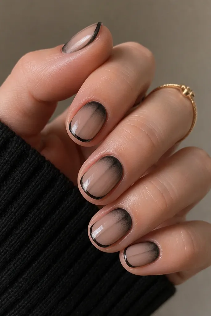 Short rounded nails with a sheer base. Thin black French tips arc across the free edge. Around the cuticle on each nail there's a soft black cat eye halo glow, and a vertical stripe runs down the nail center.