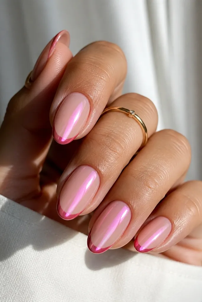 Short almond nails with a blush pink sheer base. French tips are hot pink with a subtle chrome finish. A soft pink cat eye stripe runs vertically and reflects a mirror-like glow.