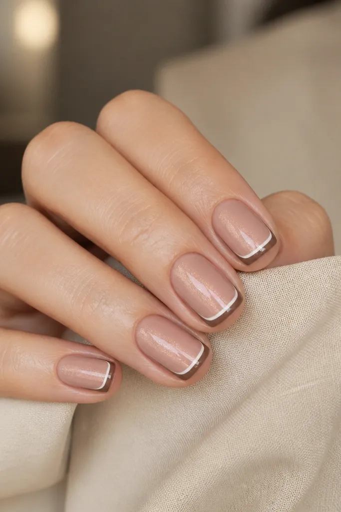Short squoval nails with a sheer nude base. French tips are mocha brown with a very thin white outline along the outer edge of the tip. A vertical mocha cat eye stripe glows in the center.