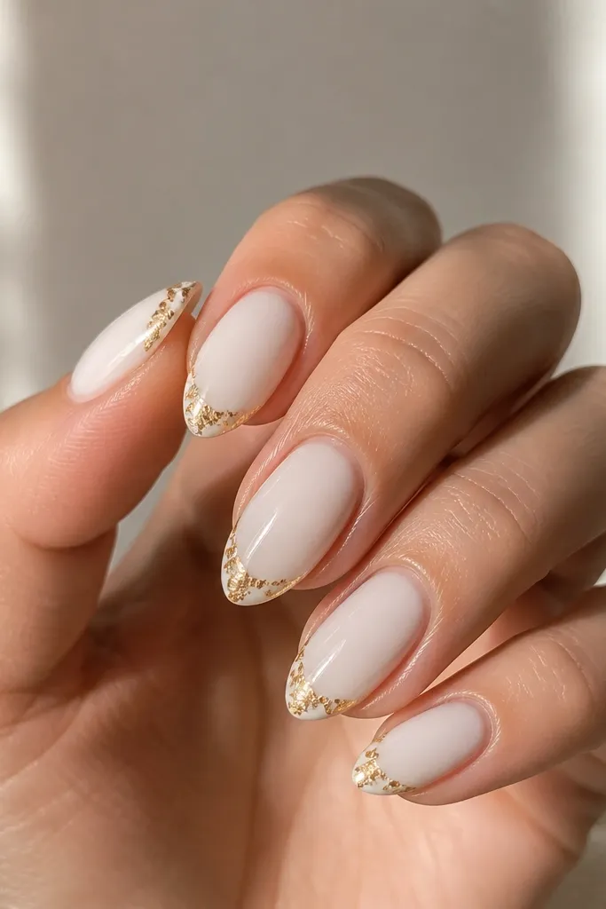 Short almond nails painted milky white. Each nail has a crisp French tip, and the tip edge is covered with irregular leaf-gold foil that looks like torn metal. The foil catches light along the very outer corners, leaving some white showing between pieces.