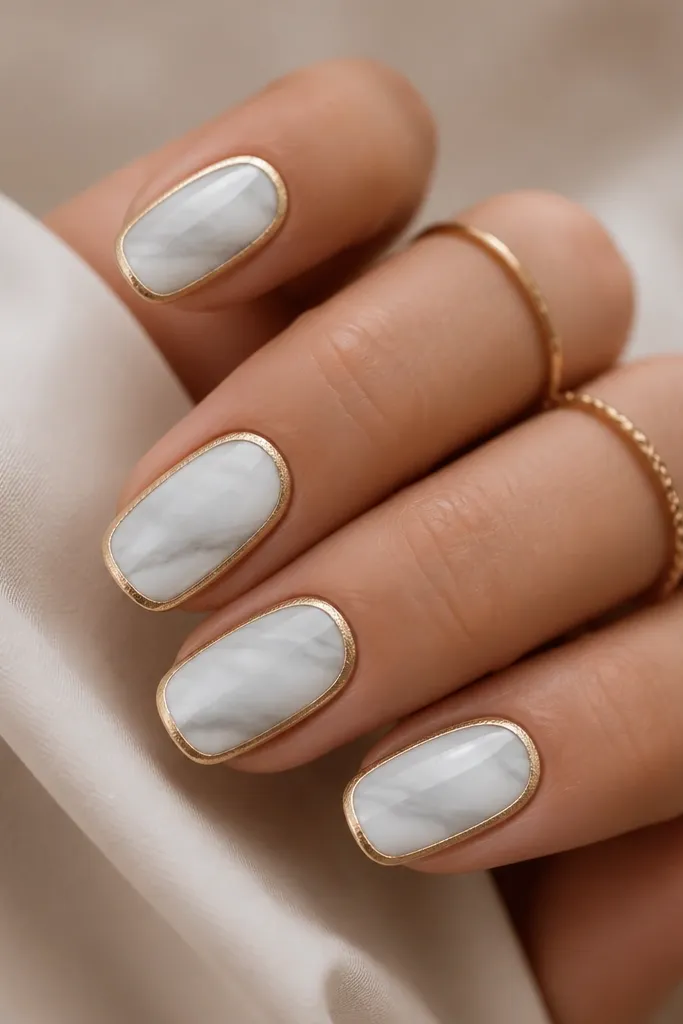 Medium squoval nails with a soft white marble pattern. Fine grayish-white swirls run through the marble. Around each nail's perimeter is a brushed gold outline, thin and even, with a slightly textured metallic sheen.