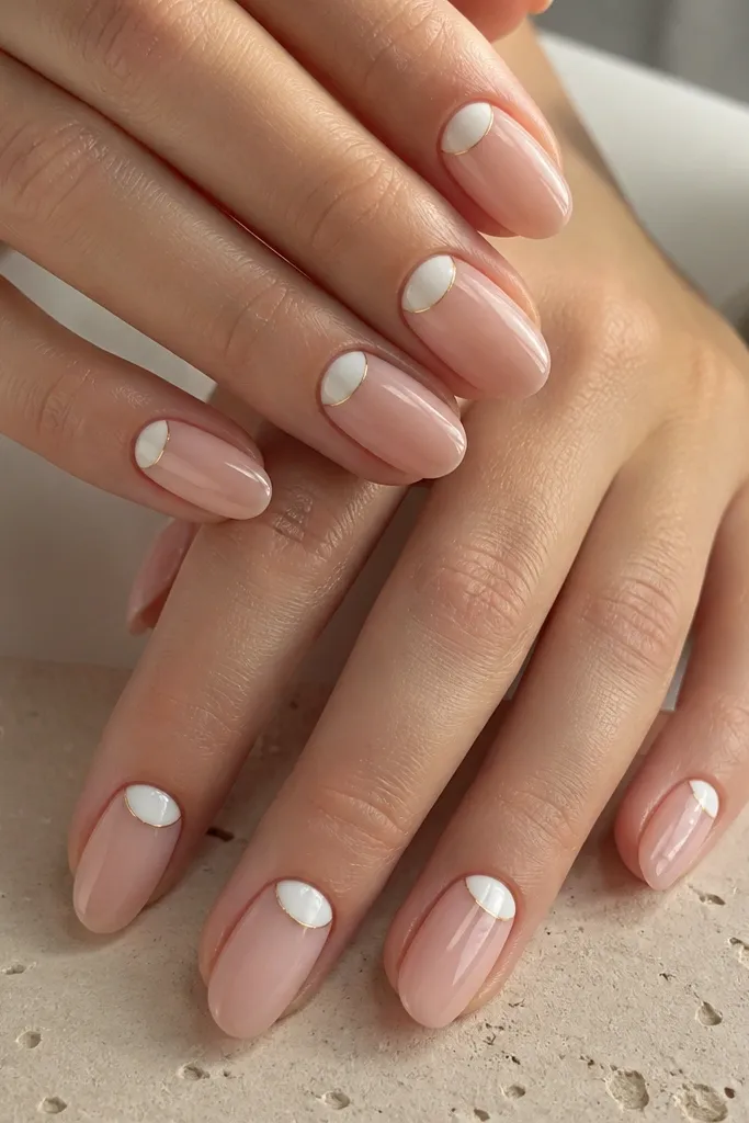 Nails in a sheer nude base tinted slightly pink, with a crisp half-moon at the cuticle painted in white. The half-moon has a thin gold rim, and the rest of the nail stays mostly sheer with a glossy finish.
