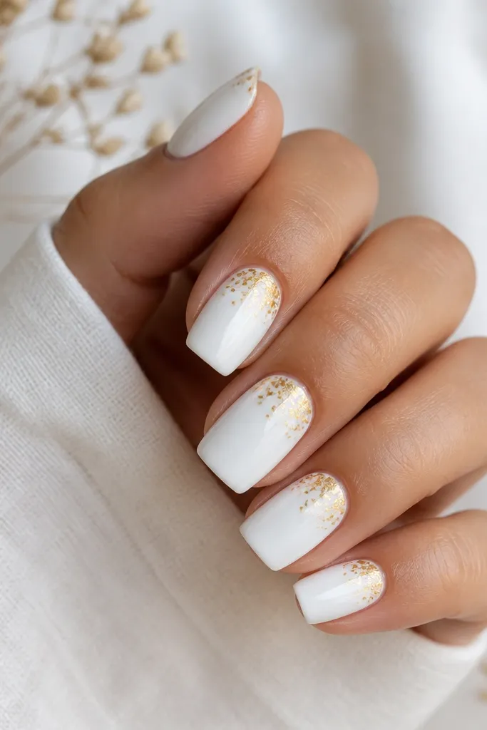 Nails painted solid snow-white. Over the center and near the cuticle are tiny scattered gold foil pieces like confetti, with some nails having more pieces than others. The rest of the nail stays clean and white.
