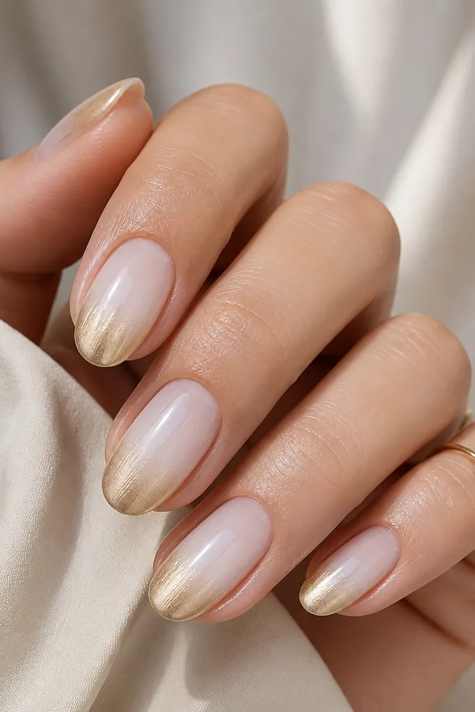 Medium nails with a sheer nude base fading into white at the tips. The very tip area has a brushed gold gradient that looks like metallic powder brushed outward, blending into the white. The transition is smooth and glossy.