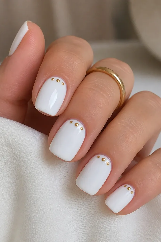 Short squoval nails painted opaque white. Near each cuticle are one to two tiny gold studs, placed in a curved line across the nail. The rest is clean white with a glossy finish.