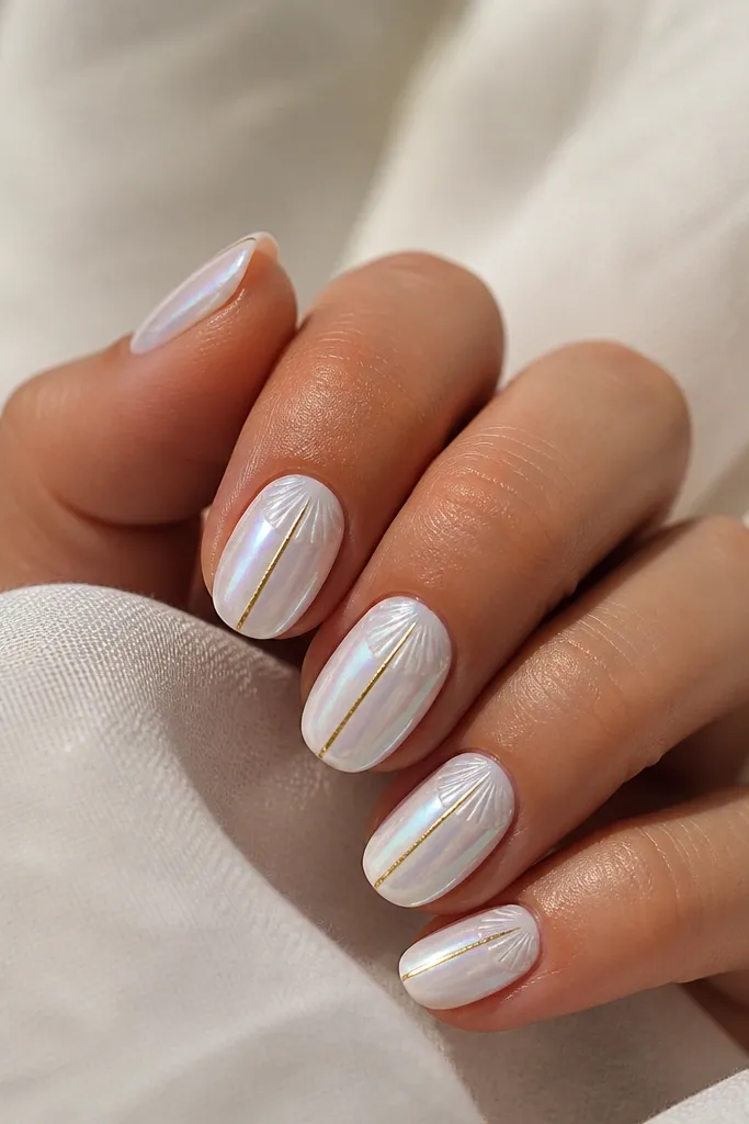Nails painted a pearly white that shifts slightly with light. Each nail has a soft shell-like arc pattern on the top half, and a thin vertical gold line runs down the center from near the cuticle to the tip.