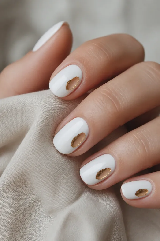 Nails painted bright opaque white. Near the side of each nail is a small cut-out window where gold leaf shows through, like a framed opening. The gold leaf edges are irregular, and the rest stays clean white.