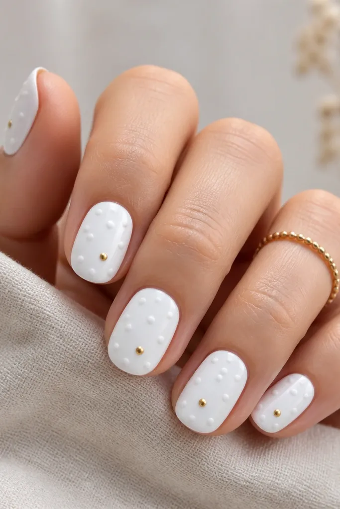 Nails with a glossy white base. On each nail, there are small evenly spaced polka dots in a slightly raised texture using a dotting tool. One or two dots per nail are gold metallic dots, while the rest are white.
