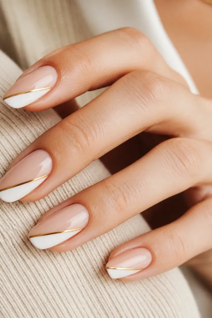 Nails with a nude base. One side of each nail has a diagonal French tip painted white, and the opposite diagonal edge has a thin gold metallic line following the angle. The angle is sharp and clean, like a fashion manicure.
