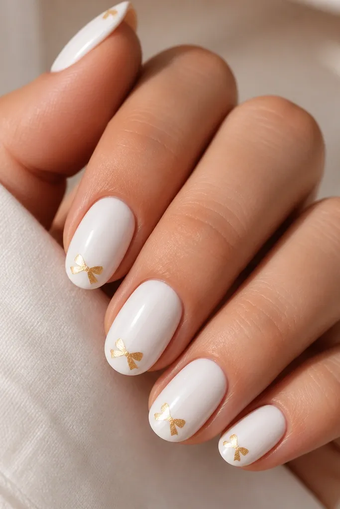 Nails painted glossy white. Near the tip center there is a small half-bow shape made from gold foil, like a ribbon folded once. The foil edges are irregular but the overall bow outline is clear.