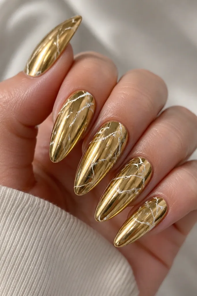 Longer almond nails with a gold chrome base that reflects like liquid metal. Over it are thin white veining lines that look like marble cracks, branching lightly across each nail. The chrome is smooth and the white lines are crisp.
