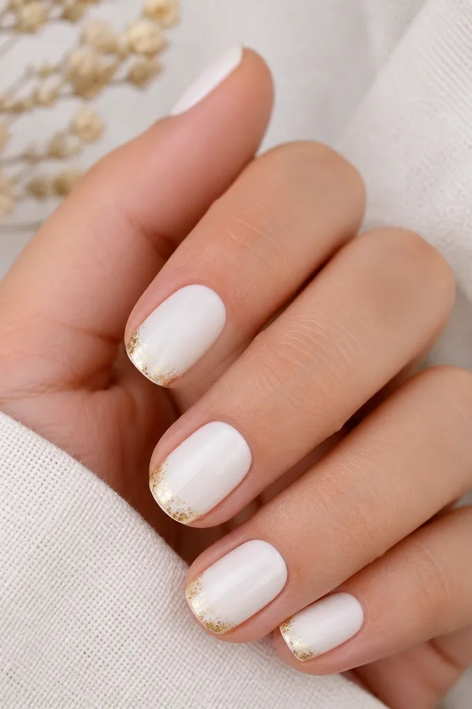 Short nails in opaque snow-white. Along the outer free edge, there is a soft fade of gold foil that gradually becomes thicker near the corner and thinner toward the center. The fade looks like a metallic gradient rather than a solid line.