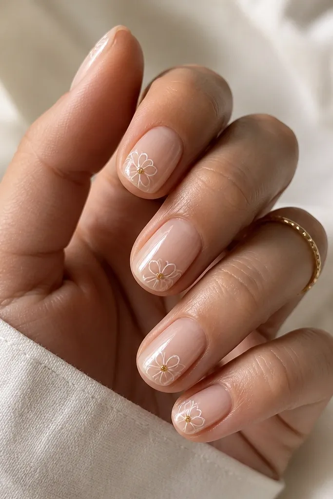 Nails painted sheer nude with a soft white micro floral outline on each nail. The flowers are simple line drawings near the tips, and each flower has a tiny gold center dot. The design is delicate and spaced with lots of nude negative space.
