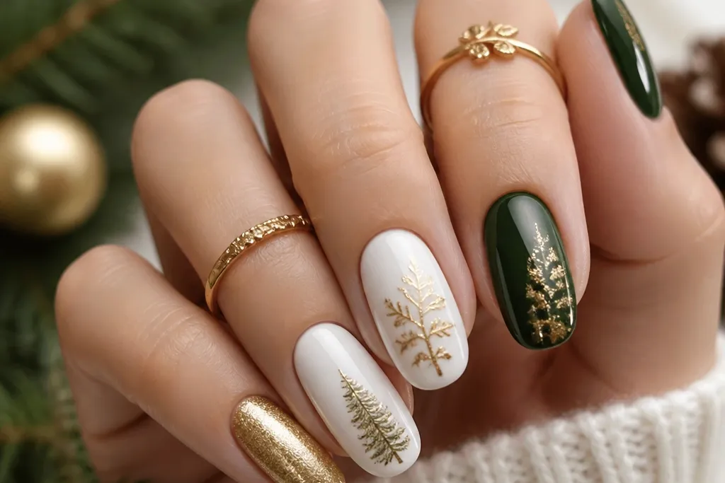 Seasonal evergreen gold and white nail designs