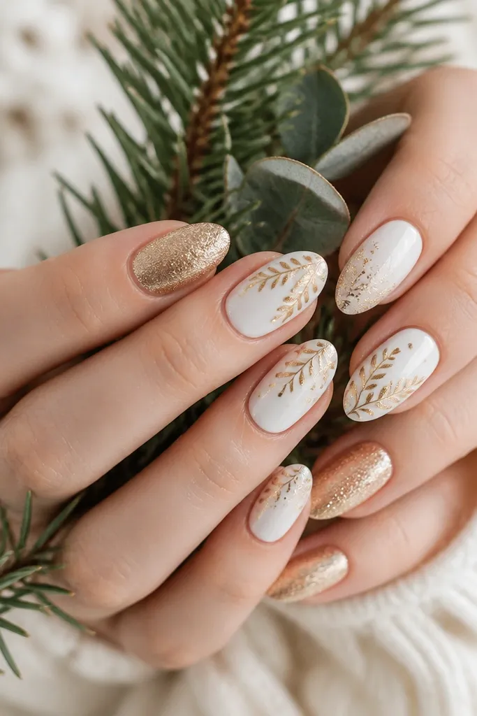 Seasonal evergreen gold and white nail designs