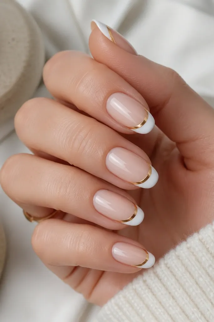 Short almond nails with a sheer nude-pink base, crisp white French tips, and a thin mirror-gold stripe running exactly along the smile line. One accent nail has the gold line only, no extra art.