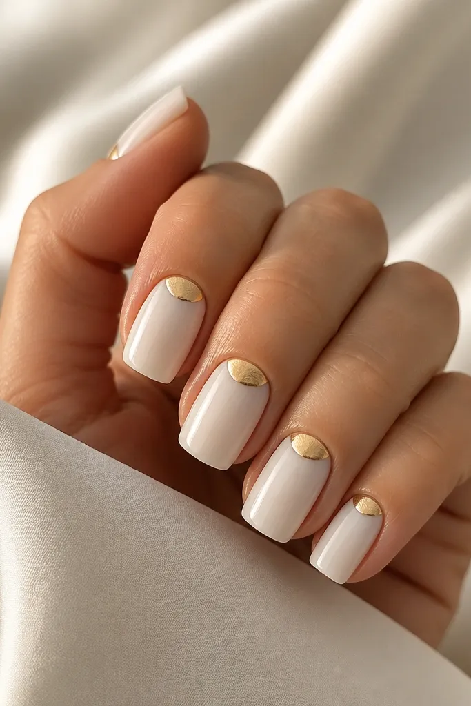 Medium square nails painted in a milky white. At each cuticle, there's a neat half-moon of gold foil that follows the curve of the nail. Everything is glossy, with no other patterns.