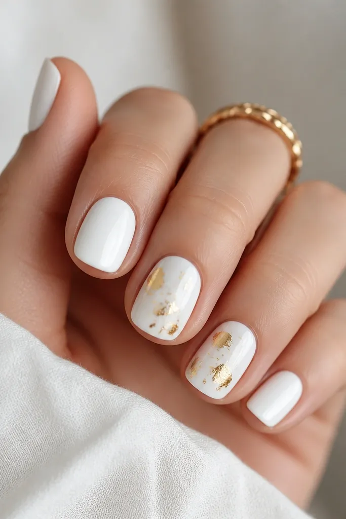 Short rounded nails painted bright opaque white. Over two nails, there are scattered tiny gold foil bits like confetti, with a few larger flecks near the center. Other nails are plain white with glossy shine.