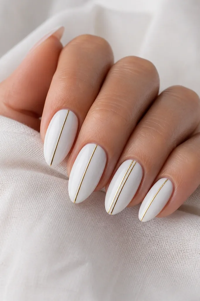Almond nails with a solid white base. A single thin vertical gold stripe runs from near the cuticle to the tip on each nail, centered. One nail has a second micro stripe beside it.