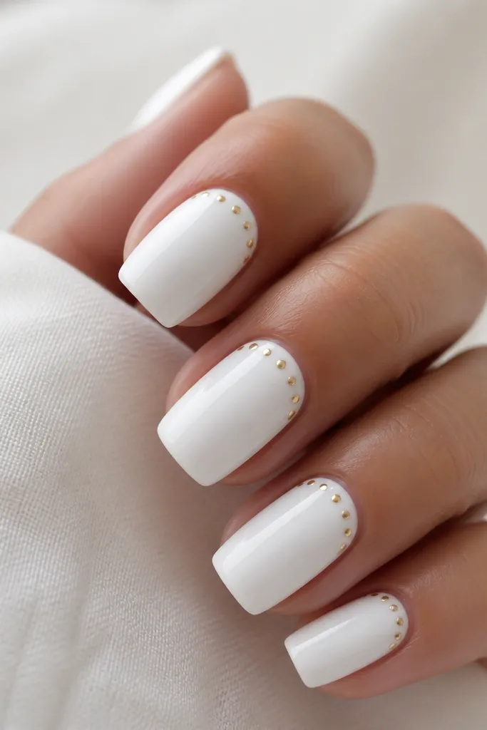 Medium square nails in glossy white. Along the cuticle area there are small evenly spaced gold dots forming a gentle arc on each nail. No other art is present.