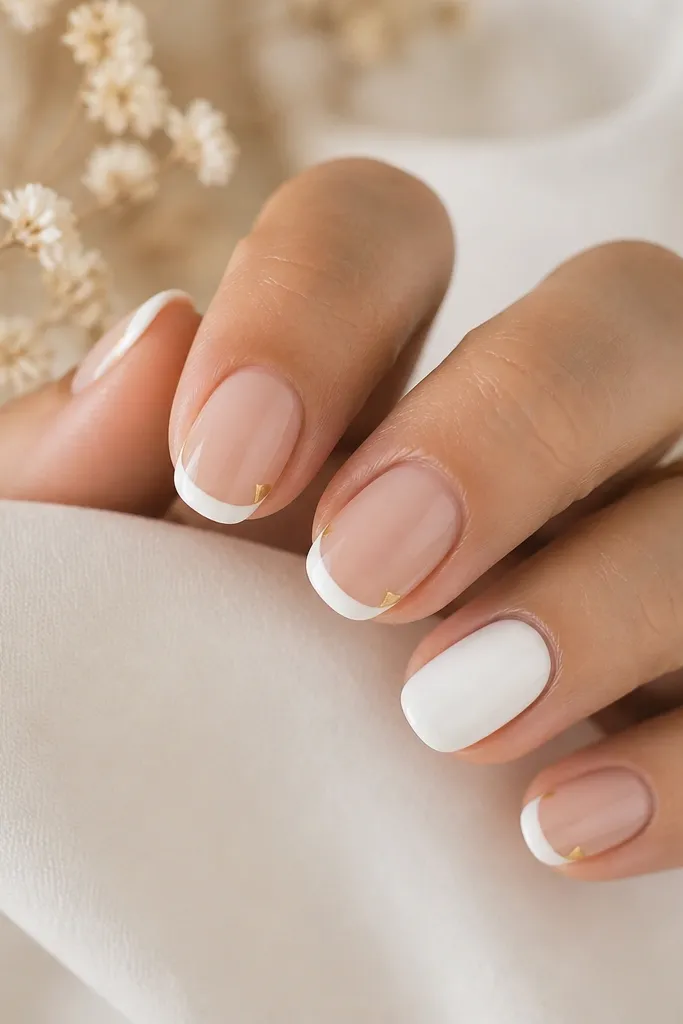Short oval nails with a sheer base. French tips are white and crisp, and at each side corner of the tip there's a tiny gold detail shaped like a narrow triangle. One accent nail is plain white.